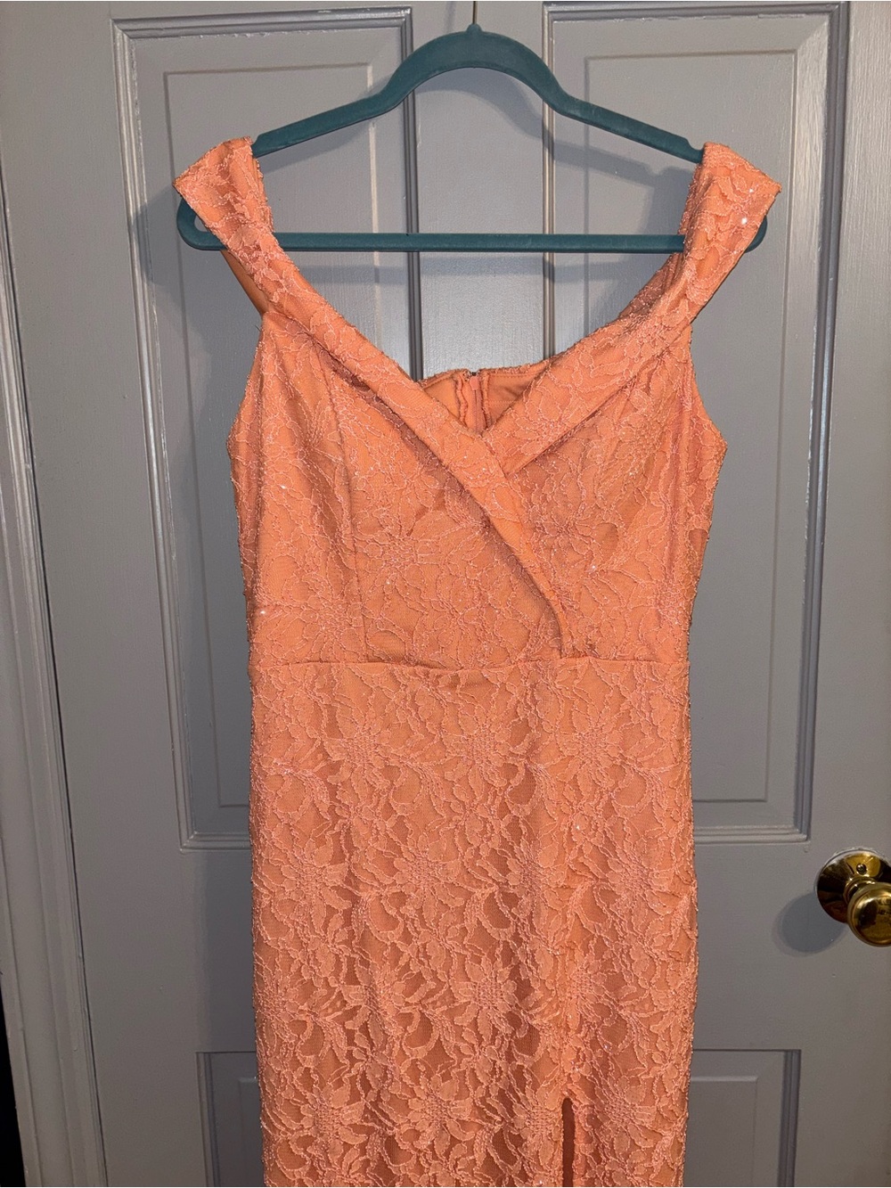City Studio Peach Lace Off the Shoulder Dress